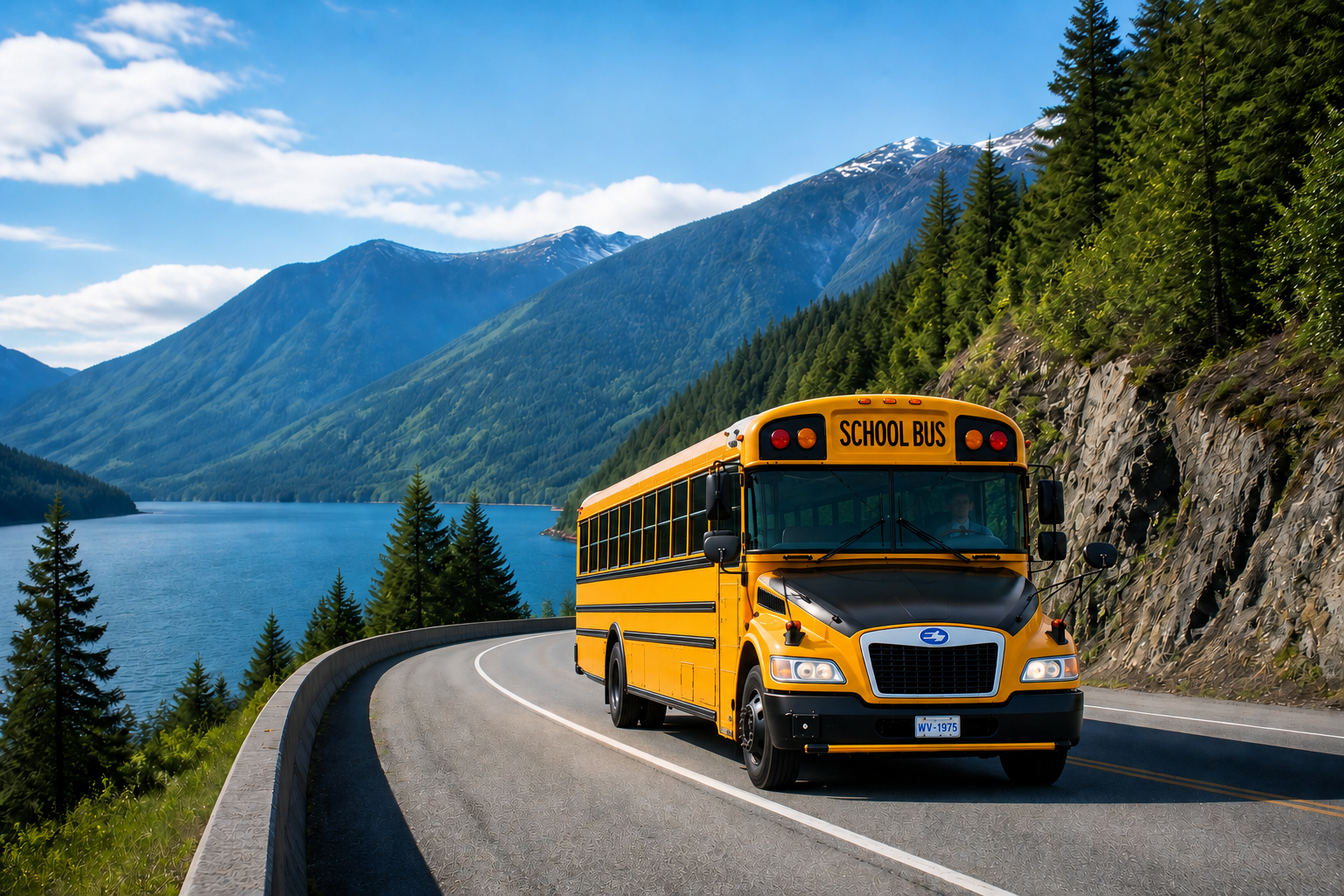 School bus driving through a scenic British Columbia landscape